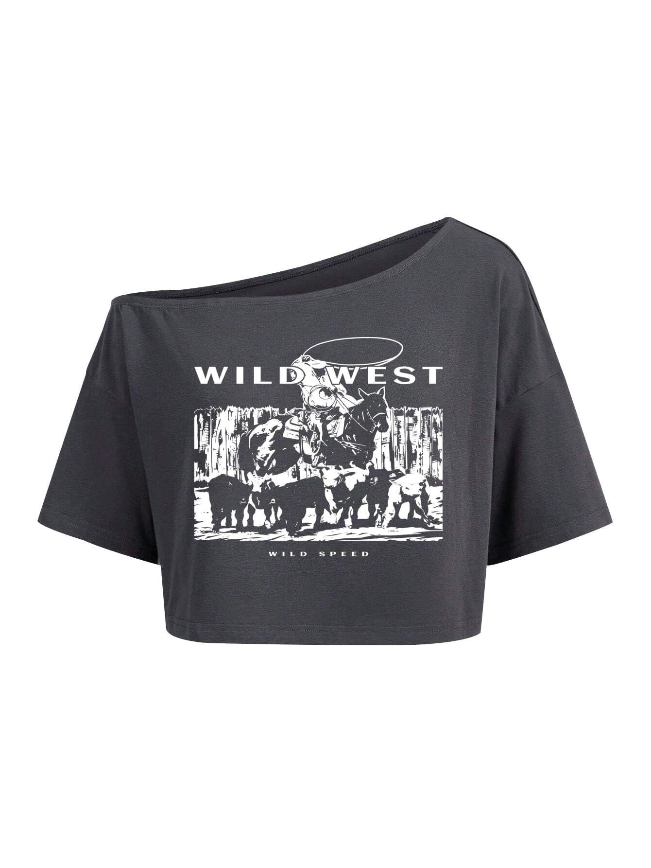 Remidoo Women's Off The Shoulder Graphic Crop Top Tee Half Sleeve Loose Fit T Shirt