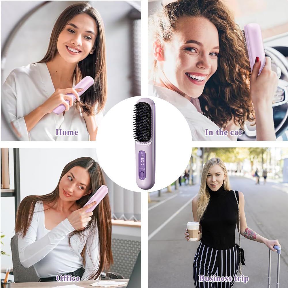 Spazzola Lisciante per Capelli Senza Fili, Mini Spazzola Lisciante per Capelli, 140°C-200°C 3 impostazioni di temperatura con display a LED, ideale per i viaggi e l'uso quotidiano (viola)