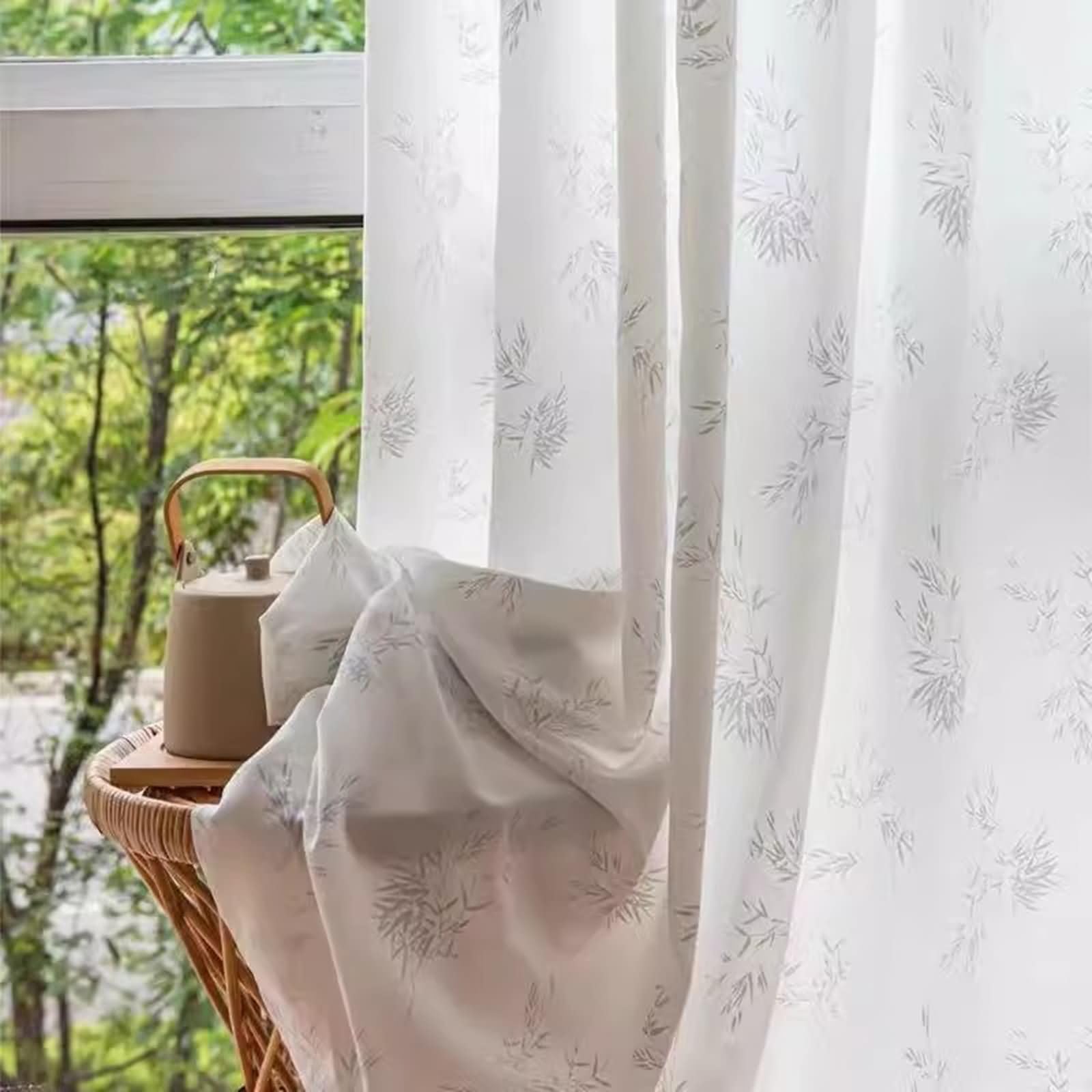 Zestaw 2 zasłon okiennych, przezroczysty poliester z haczykami, wzór liści, żakardowy, jednokolorowy, do sypialni, salonu, okna, biały, 137 l x 160 cm