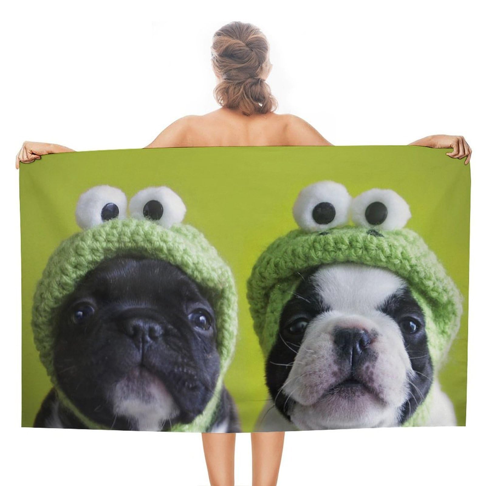 LEDFCVSU Beach Towel, French Bulldog with Frog Hat Bath Towel, Absorbent Towel for Swimming, Sports, Travel