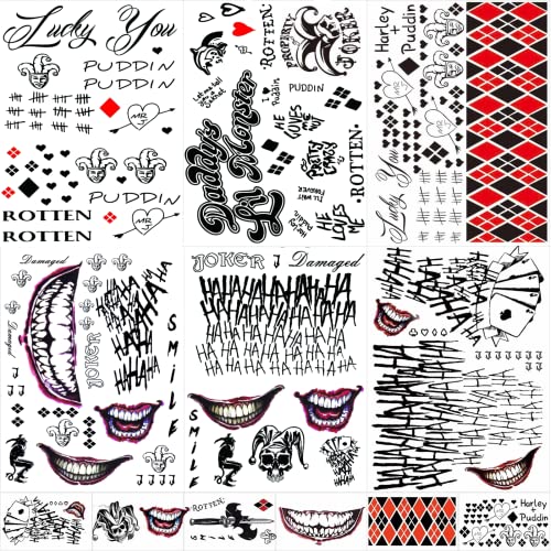 JEEFONNA 22 Sheets Halloween Temporary Tattoos, Perfect Halloween Joker Face Tattoos for Costumes, Halloween Party Accessories and Cosplay (Mixed's)