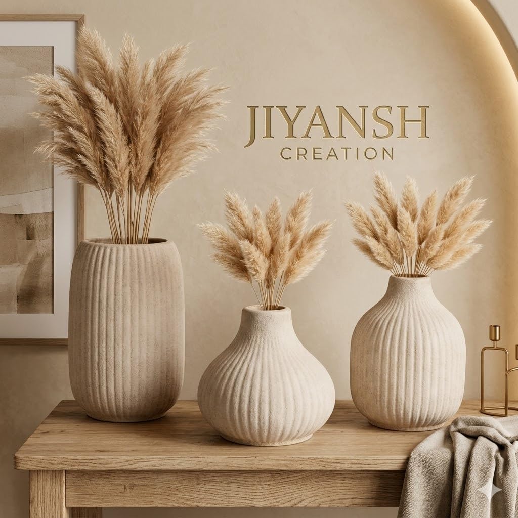 Jiyansh Creation Ceramic Flower Vase Set of 3, Cream, Ribbed Texture, Table Decor, Boho Style-image-46