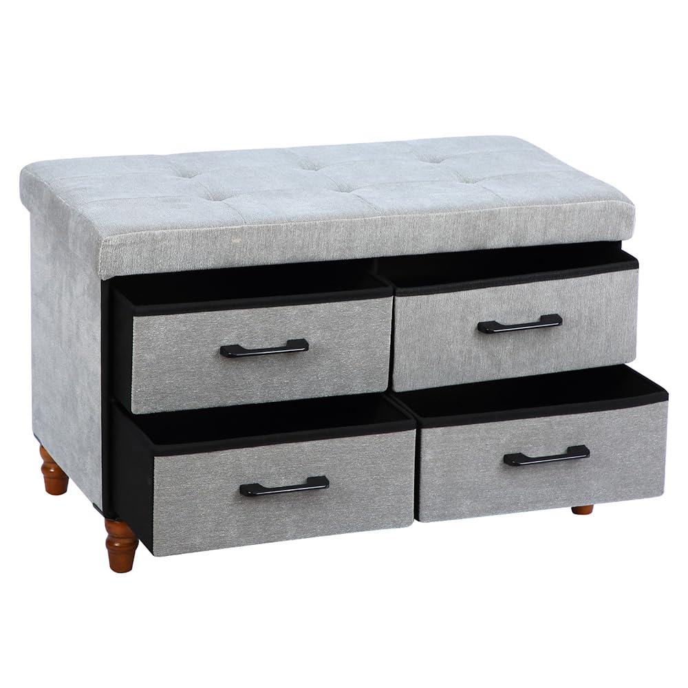 Easylife Ottoman Storage Bench With Drawers (Grey). Folding Storage Unit for Linen or Shoes (H46 x W76 x D39cm). Doubles as a Footstool/Coffee Table. Storage Boxes With Lids - Fully Guaranteed