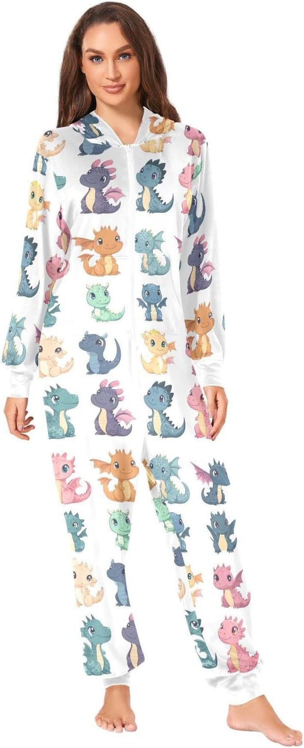 ZZKKO Cartoon Dragons Colorful Adult Onesie Pajamas for Women Men Cozy One Piece Pajamas Costume Zip-Up Hooded S-XL