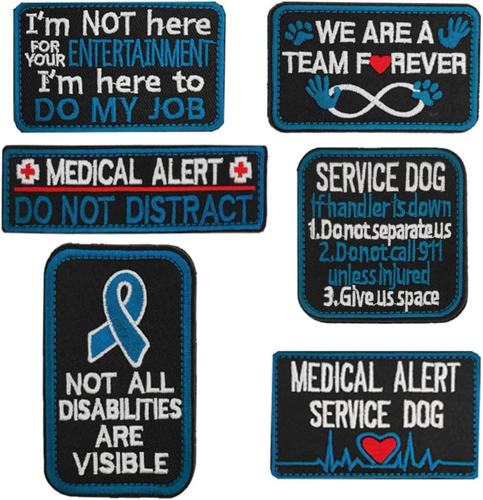 6 PCS Service Dog Medical Not All Disabilities are Visible Alert Patches Embroidered Tactical Hook and Loop Emblem Applique Patches for Large Dogs Harness Vest Clothes/Guide Dog Medium Blue Service Dogt - Image 1 of 7