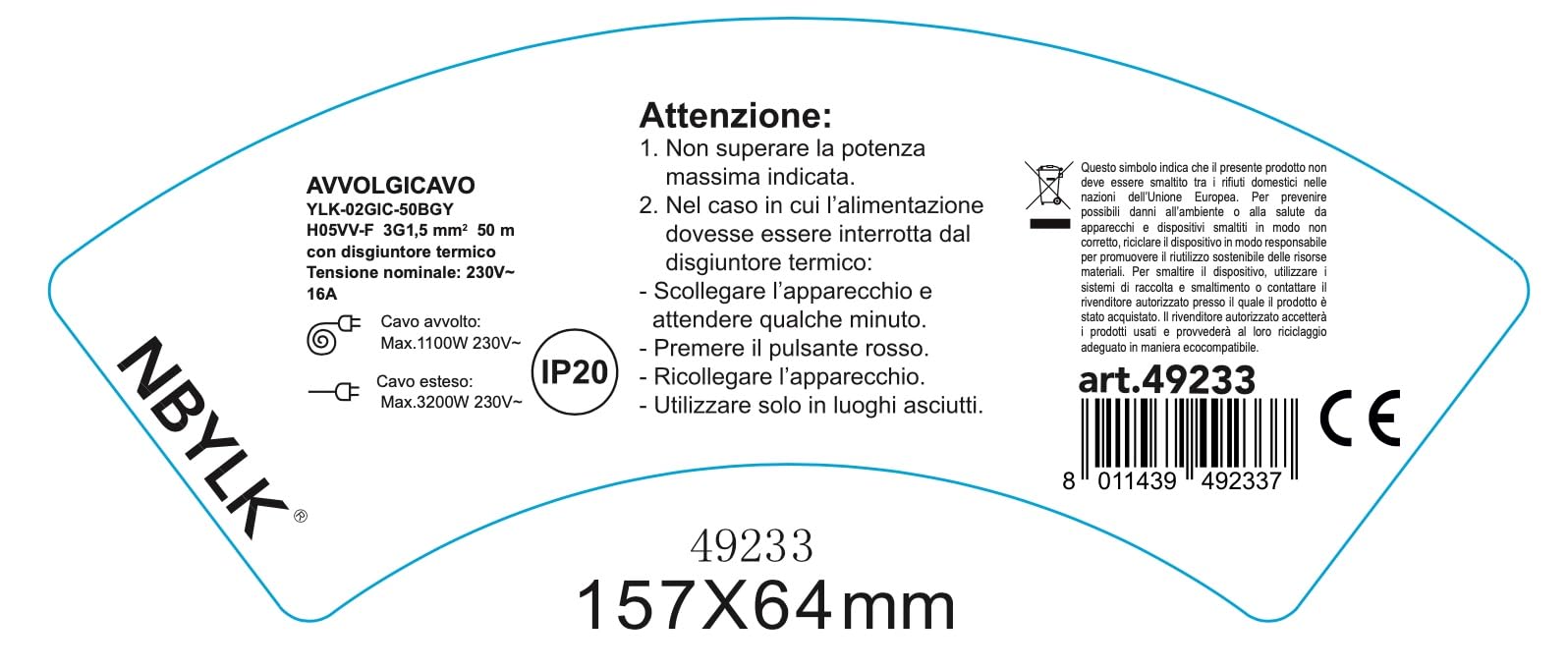 Electraline 49233 Prolunga Giardino con Avvolgicavo 50 mt Spina 16A e Presa Polivalente (Schuko + 10/16A) Adatta per Elettrodomestici da Giardinaggio, con Protezione, Verde/Arancione