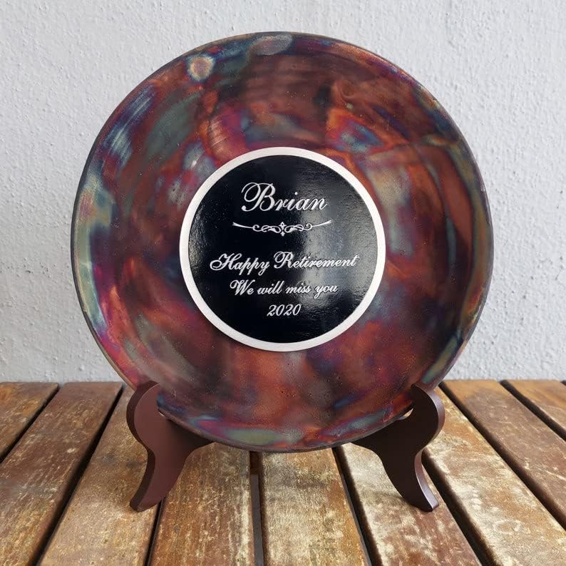 RAAQUU Sara Ceramic Raku Clay Pottery 9.5" Plate with Holder & Custom Engraving Home Decor Corporate Gift Commemorative Plaque - Full Copper Matte Standard