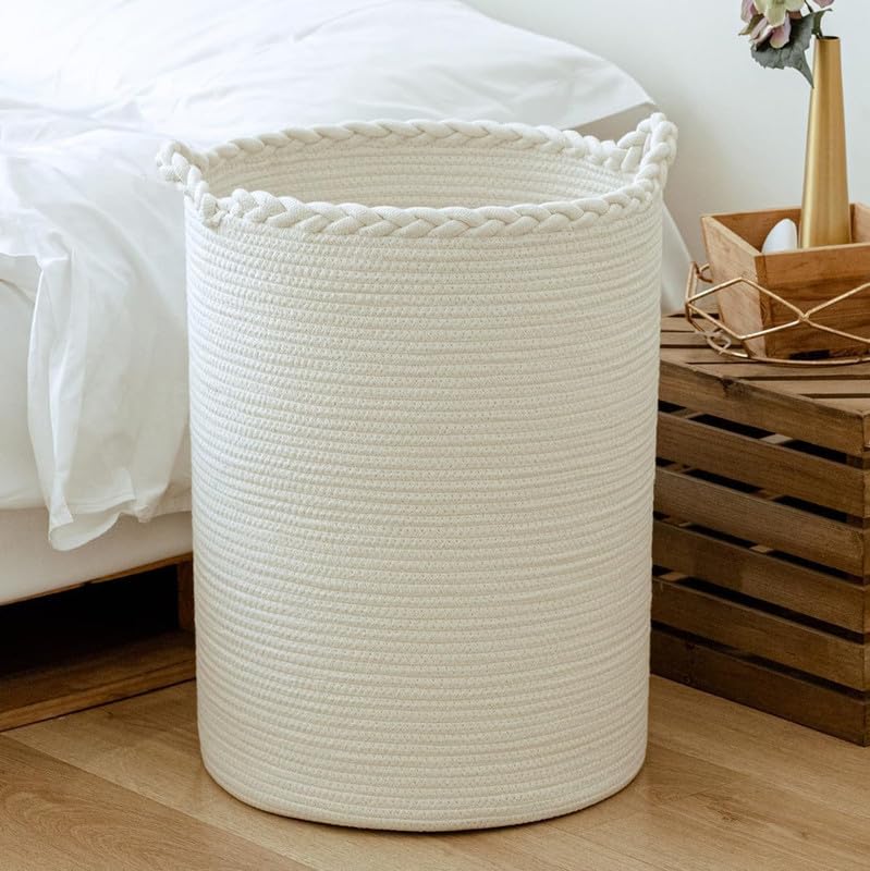 Cotton Rope Storage Basket, Laundry Hamper for Cloth Bin, Clothes, Towels, Blanket, Pillows in Living Room, Bedroom and Laundry Basket (Size - 14" x 14" x 16") (White Zig Zag)