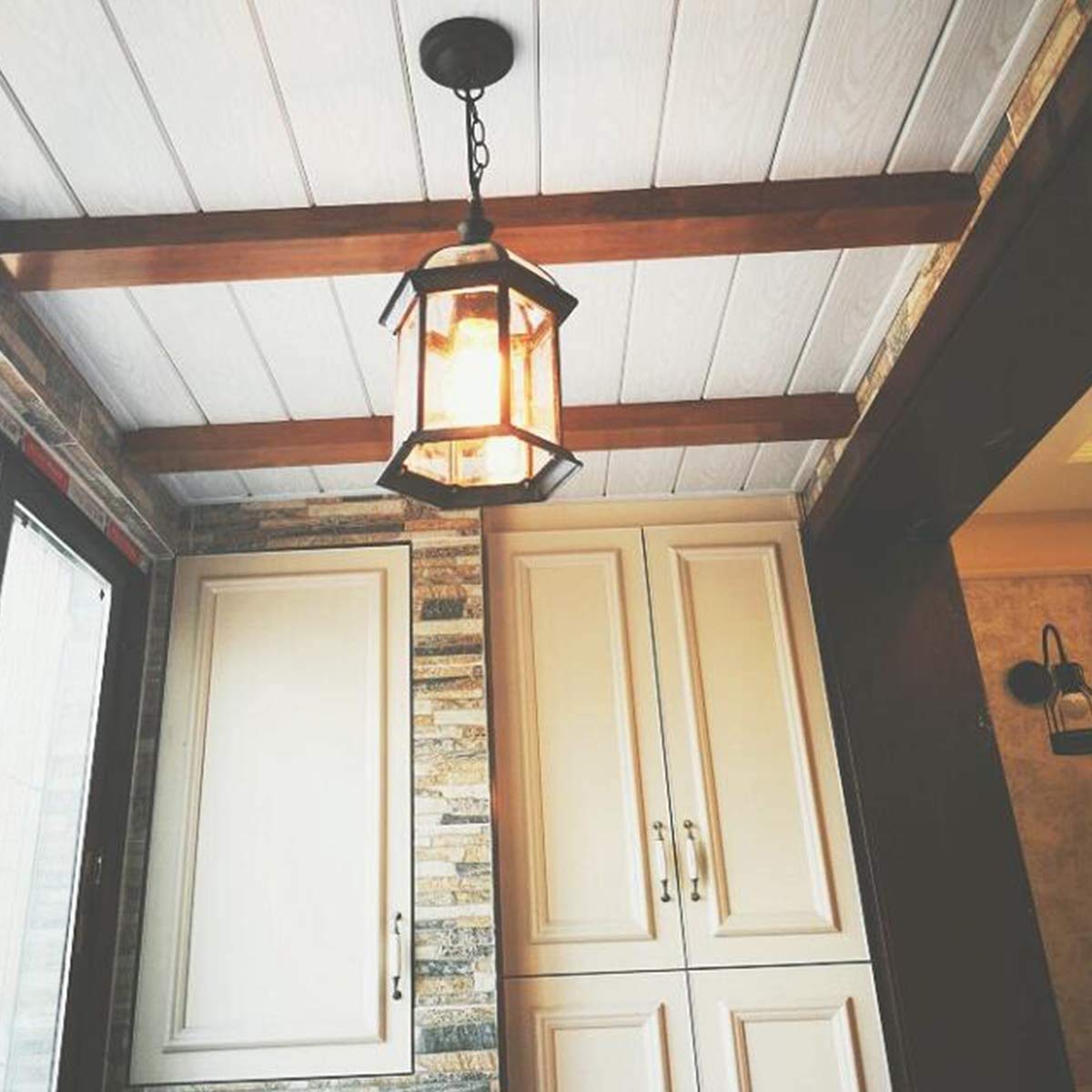 Lanterna sospesa per esterni, illuminazione a sospensione a soffitto a incasso Lampade a sospensione industriali a soppalcoIP54 Luci esterne impermeabili, nero, paralume in vetro alluminio E27 per