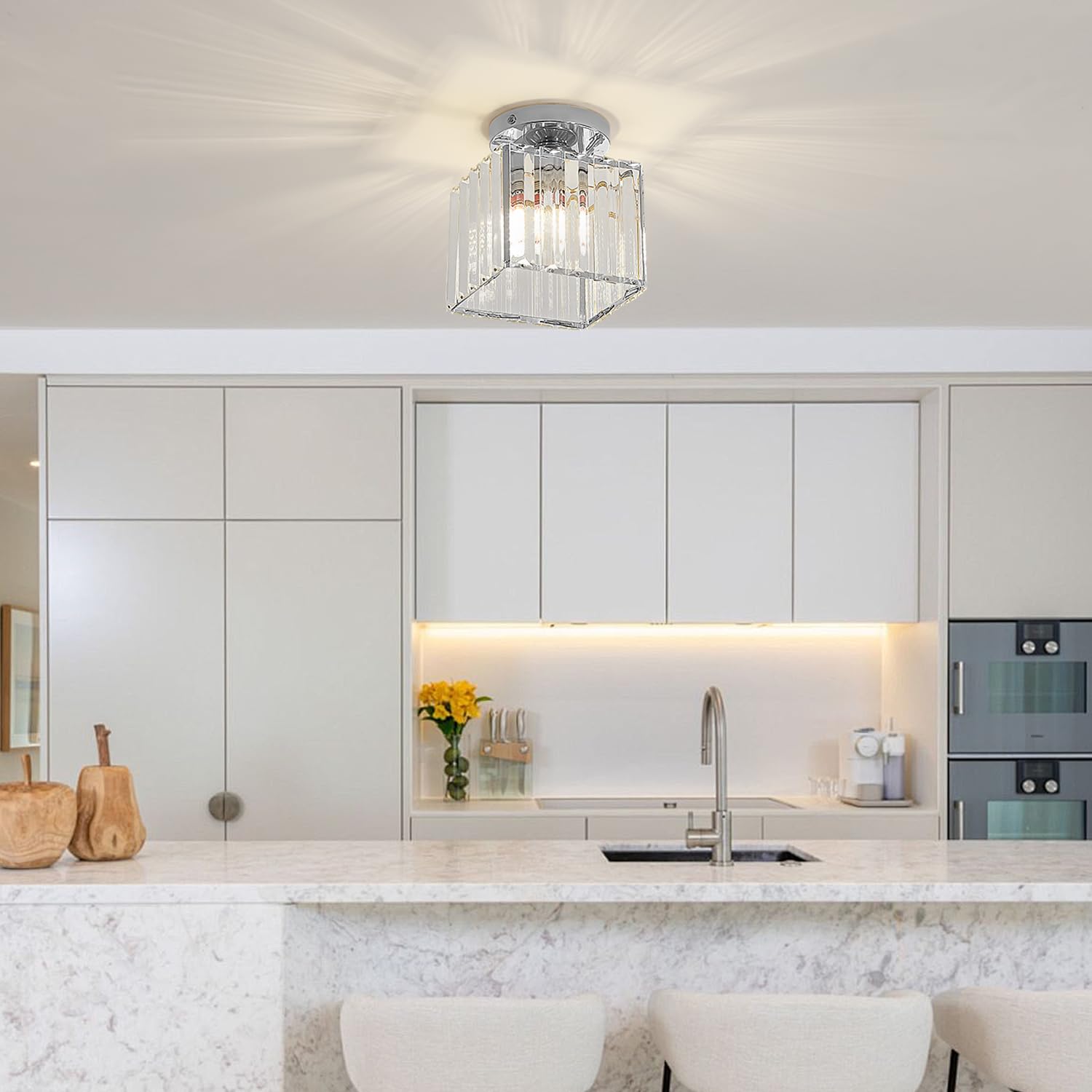 Lampada da Soffitto di Cristallo Moderna,E27 Mini Lampada da Soffitto in Cristallo Quadrato Argento, per Corridoio, Soggiorno, Camera da Letto, Cucina, Ingresso Lampada (Argento)