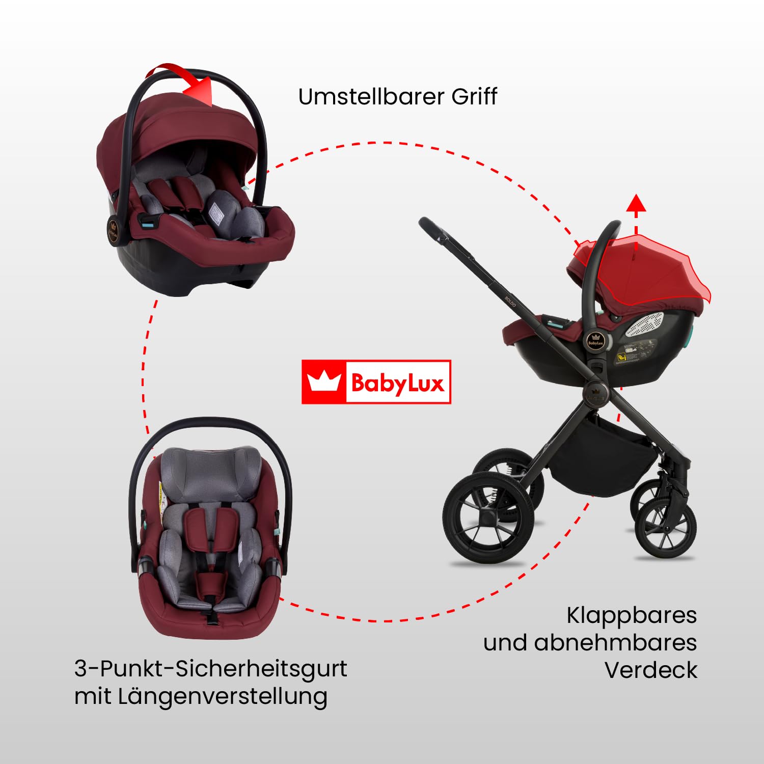 BabyLux® Kinderwagen 4in1 Set BOLDO, Faltbar Leicht Kombikinderwagen Set | incl. Babywanne, Reisebuggy, Kindersitz i-Size, Auto Basisstation, 4 Liegepositionen, 0-22kg, UV Schutz 50+, Vollgummireifen