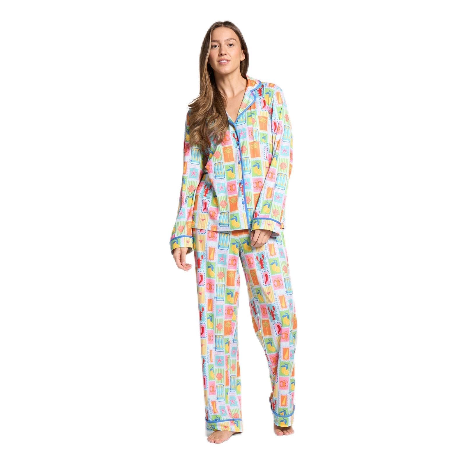 Ohs Women's Blue Postcard Piped Bride Pyjamas, Gifts For Long Sleeve And Full Length Bottom Pjs For Sets Two Piece Button Down Pyjama Sets Nightwear Sleepwear, S/M