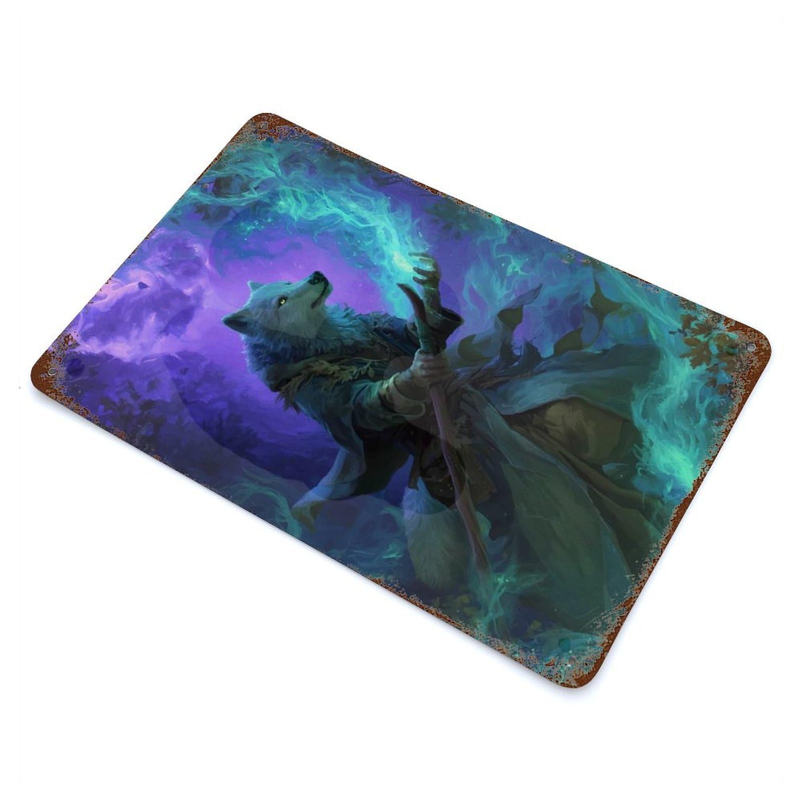 Garage Style Wolf Mage Casting Magic Rust Effect Tin Sign 11.8"x7.9", Farmhouse Wall Decor for Bar And Workshop