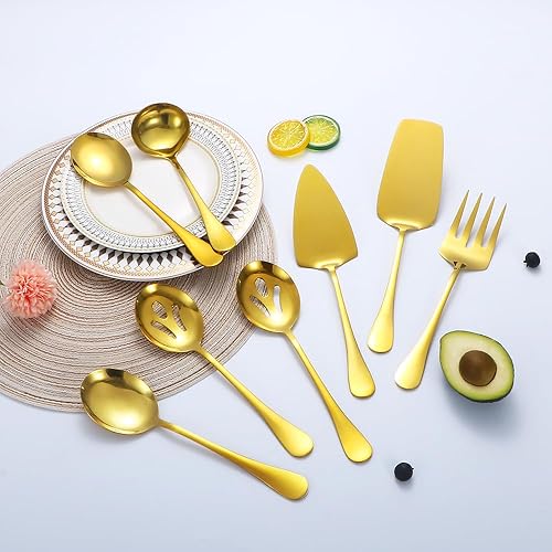Miniatura 6 de Utensilios dorados para servir, juego de 8 piezas de acero inoxidable con cucharas de servir, tenedor de servir, cucharón de sopa, servidor de