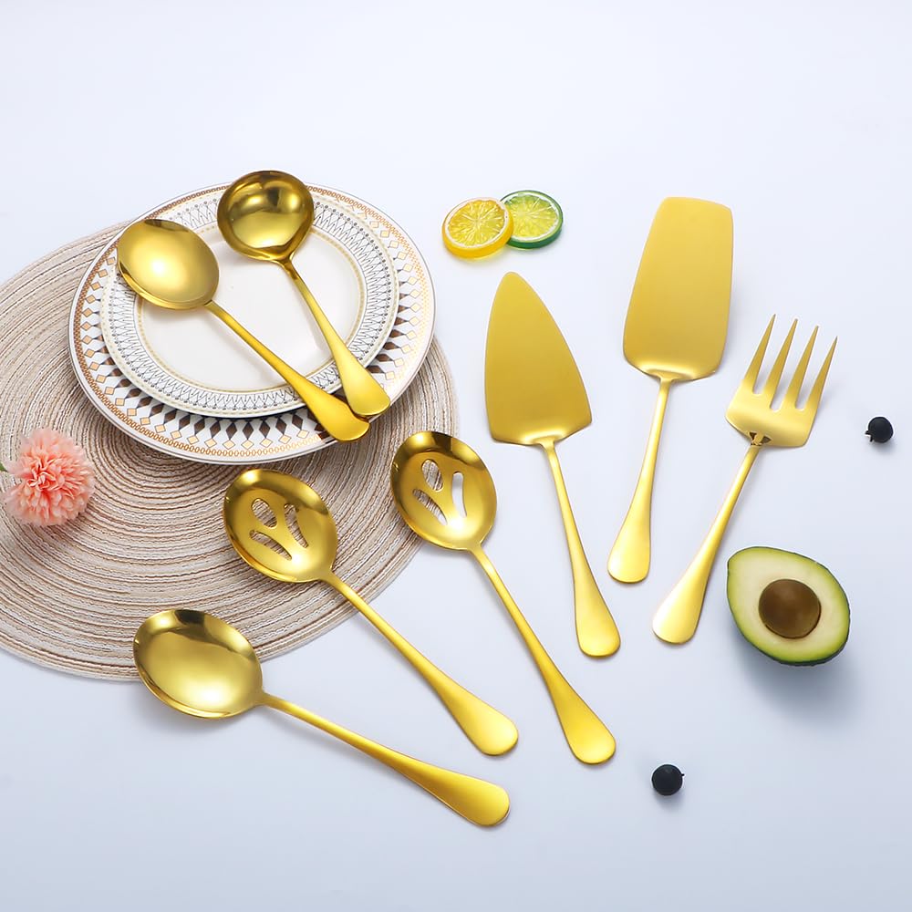 Utensilios de servir dorados, juego de 8 piezas de acero inoxidable con cucharas de servir, tenedor de servir, cucharón de sopa, servidor de lasaña, servidor de pasteles, juego de utensilios de servir