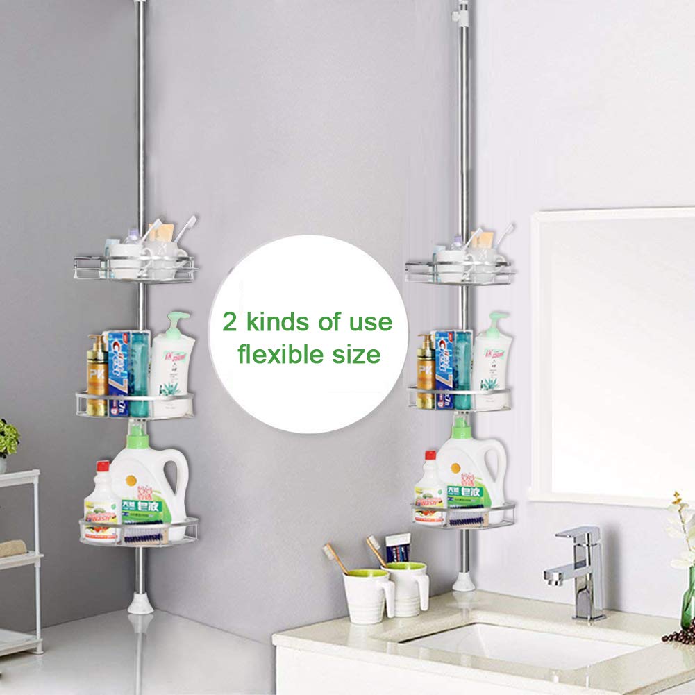 OHMG Scaffale doccia senza foratura, scaffale angolare telescopico, regolabile in altezza, mensola angolare da bagno in acciaio inox, da pavimento a soffitto, 3 vassoi, 1 porta asciugamani (110-280