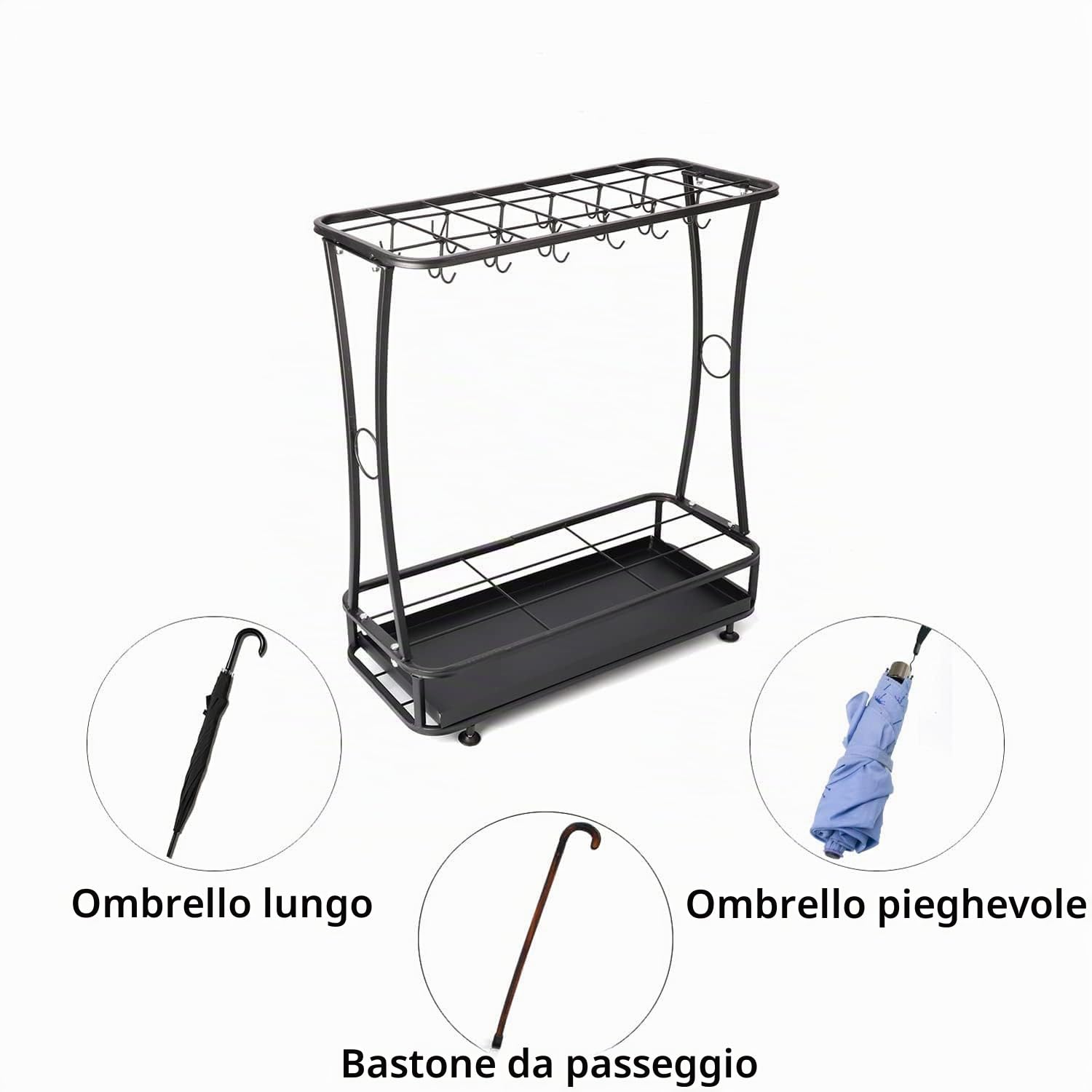 Bimiti Portaombrelli in ferro con vassoio di recupero dell'acqua, rettangolare con 21 fori cavi e 24 ganci, per ombrelli e bastoni da passeggio