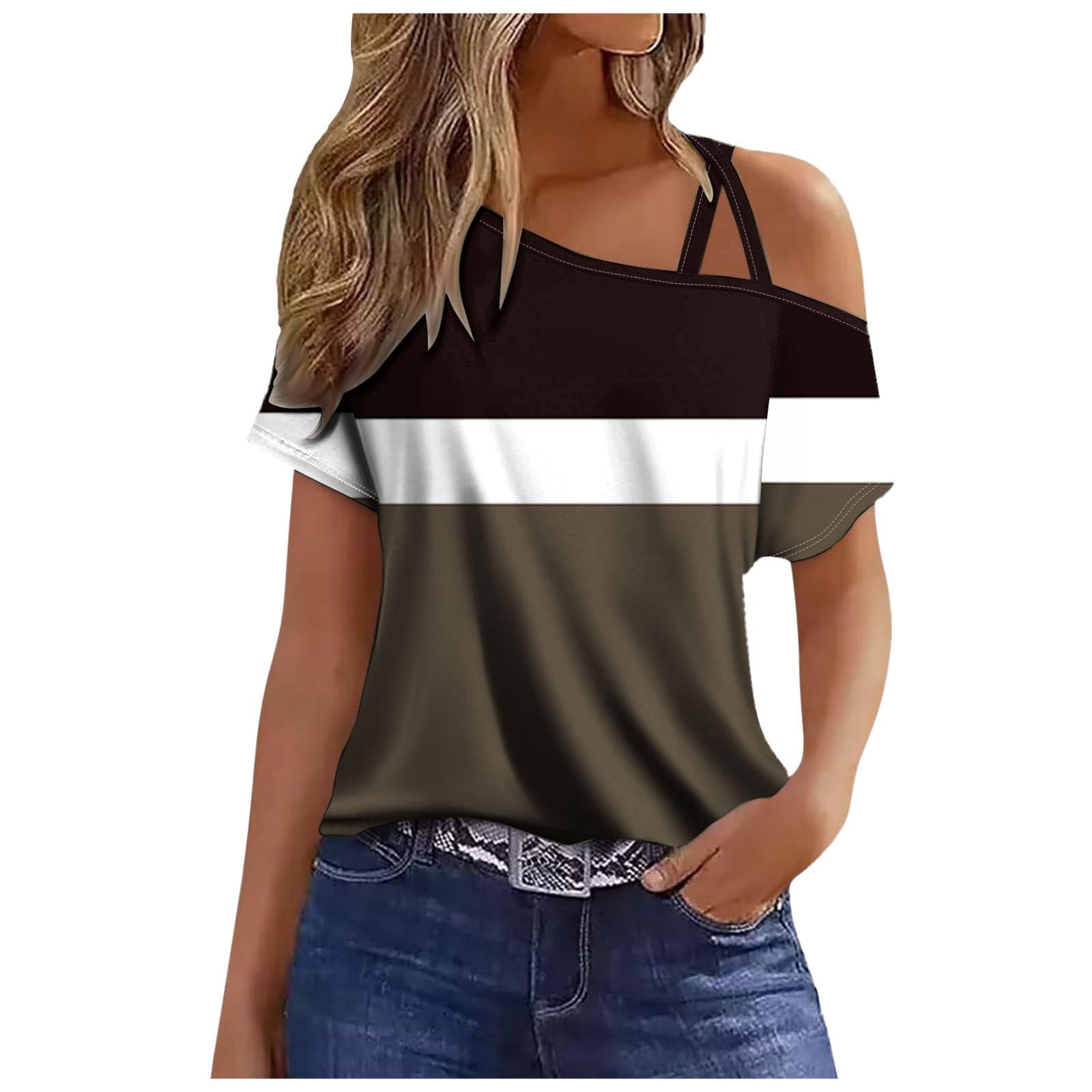 Briskorry Top sin hombros, camiseta de verano para mujer, blusas con tirantes delgados, manga corta, elegante, asimétrica, camiseta de un hombro, moderna, informal, blusas de carmena, estampadas, ligeras, ropa
