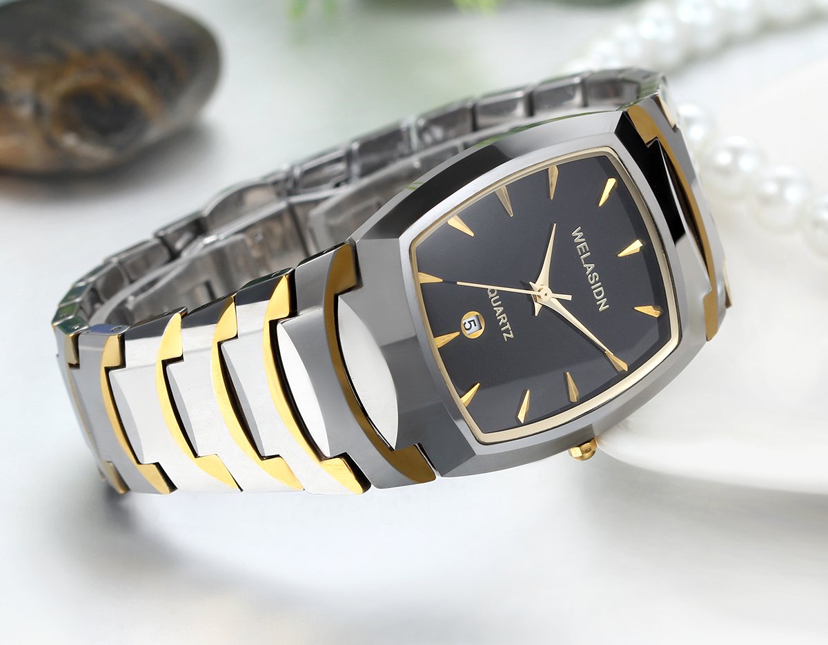 JewelryWe Regalo de cumpleaños carburo de tungsteno cuadrado esfera negra dos tonos reloj de pulsera de cuarzo fecha hombre reloj