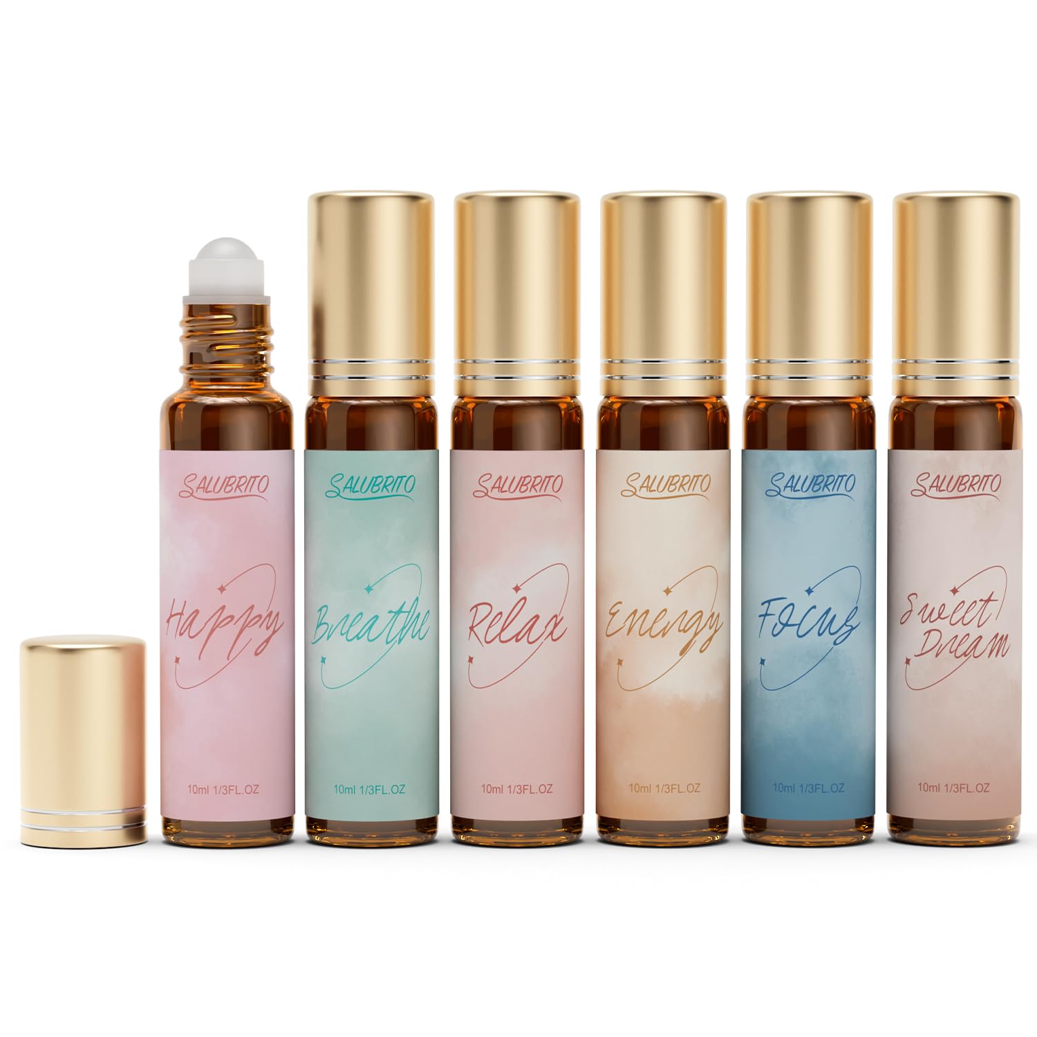 SALUBRITO Essential Oil Roll On Set, 6x10ml Aromatherapy Oil Roller Ball, Essential Oil Blend for Skin, Anxiety Relief, Relaxation Gift for Women - Relax, Breath, Happy, Energy, Focus, Sweet Dream