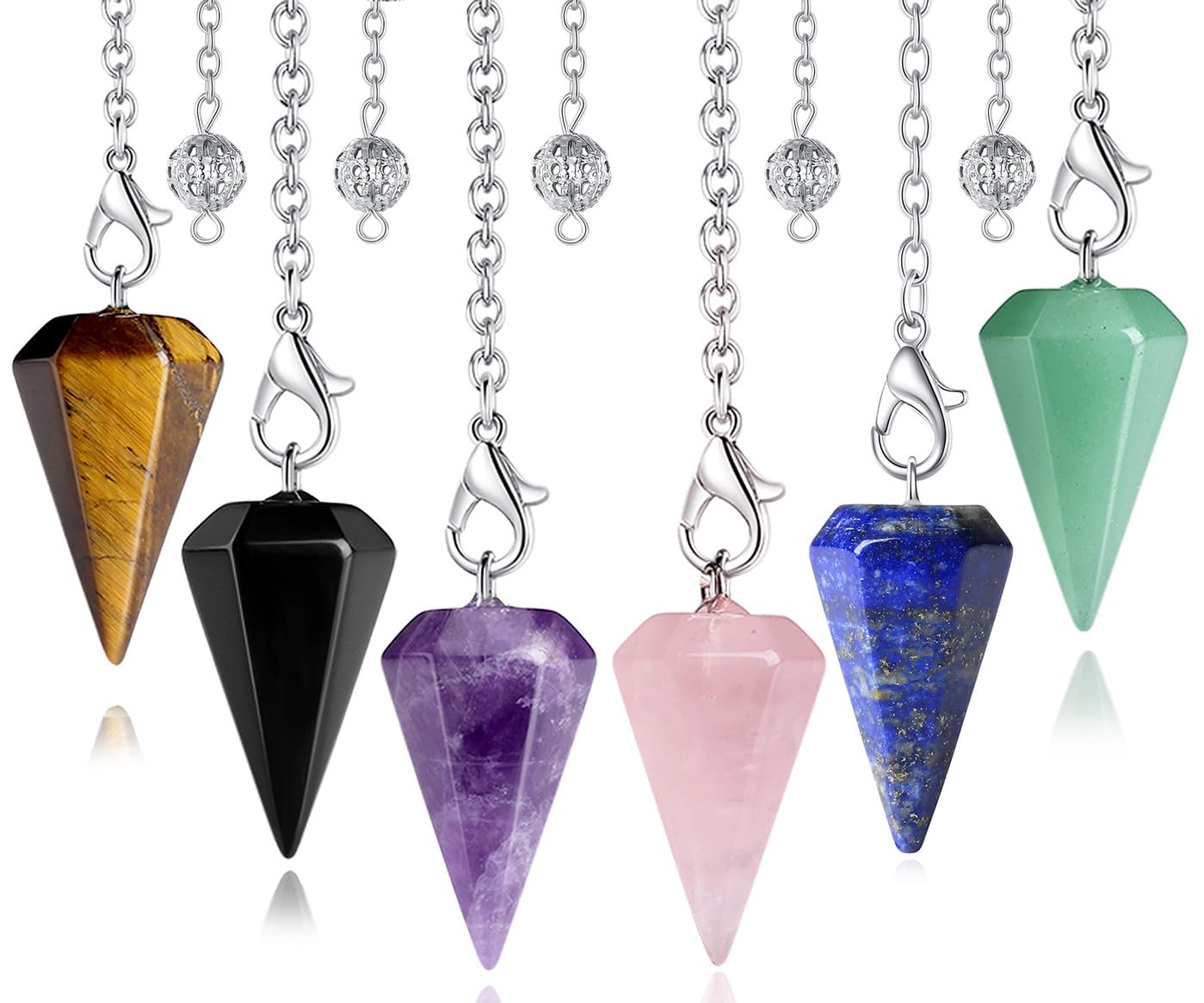 XIANNVXI 6 Pcs Crystal Pendulums Set Amethyst Rose Quartz Lapis Lazuli Pendulums for Divination Dowsing Pendulum Crystal Witch Gifts Spiritual Gifts Reiki Witchcraft Supplies