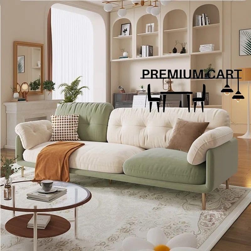 Image of Velvet Contemperory Sofa with Cushion Chaise Lounge Sectional Sofa Perfect for Living Room & Bedroom Guests Home & Office (Leather Green & Suede Off White, Three Seater)
