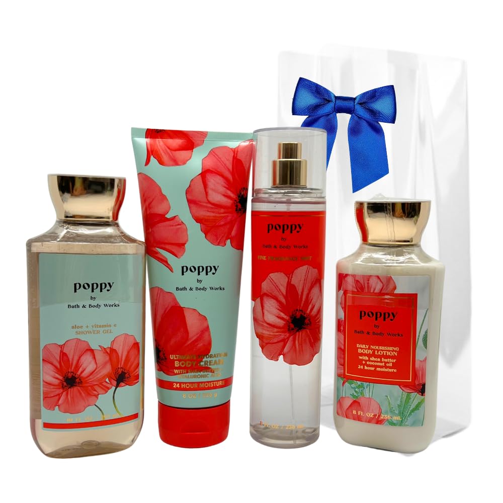 Bath & Body Works POPPY 4-Piece Deluxe Gift Set with a Blue Bow for Holidays & Gifts - Body Lotion, Shower Gel, Body Cream and Fine Fragrance Mist - Full Size