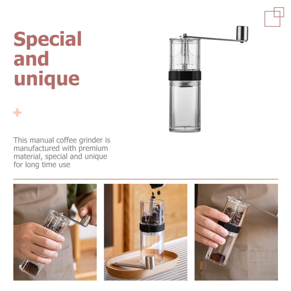 Molinillo de Café Manual Portátil Ajuste de Grosor | Acrílico y Núcleo Cerámico, Tapa de Silicona, para Camping y Oficina, también Apto para Especias y Granos