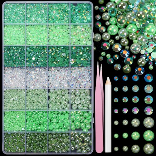 22000 Pcs Green Flatback Pearls and Rhinestones Bedazzling Kit Resin Rhinestones Gems for Crafting Mixed Size Half Pearls Gems for Nails Face Eyes Makeup Bottles Shoes DIY Crafts