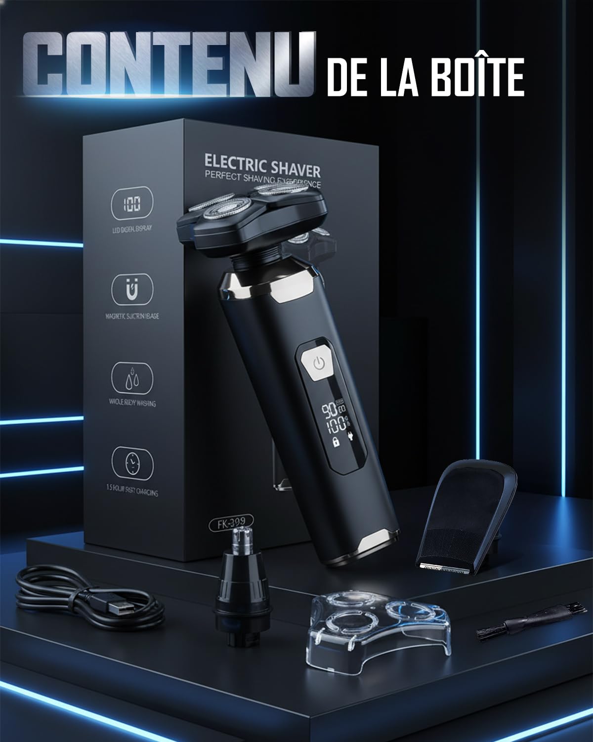 Rasoir Électrique Homme 4D Magnétique à 3 Têtes Flottante,Tondeuse Barbe Étanche IPX6 Humide/Sec avec Écran LCD, 90 Min d'Autonomie, USB-C à Charge Rapide, Rasoir Portable pour Voyage et Maison