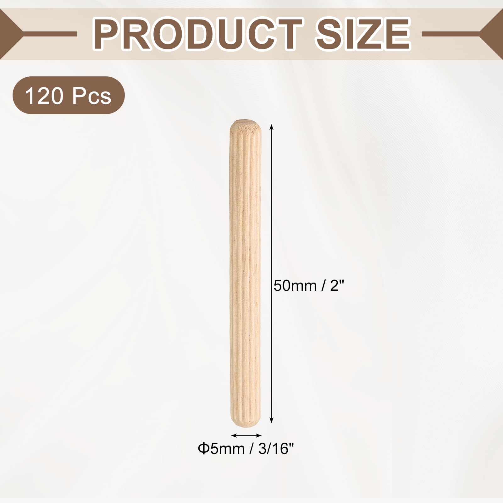 sourcing map Pasadores de madera de 5 mm x 50 mm, varillas rectas de madera estriada para manualidades, muebles, bricolaje, madera dura, 120 unidades