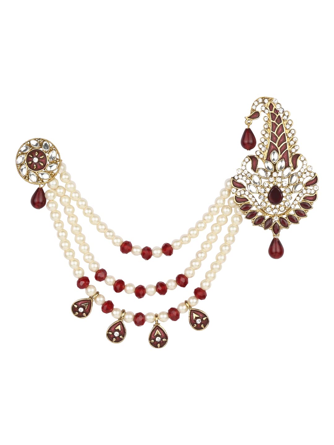 I JewelsI Jewels Gold-Toned Peach & White Kundan Studded & Beaded Maharaja Pagdi Kalangifor Men (SM59)