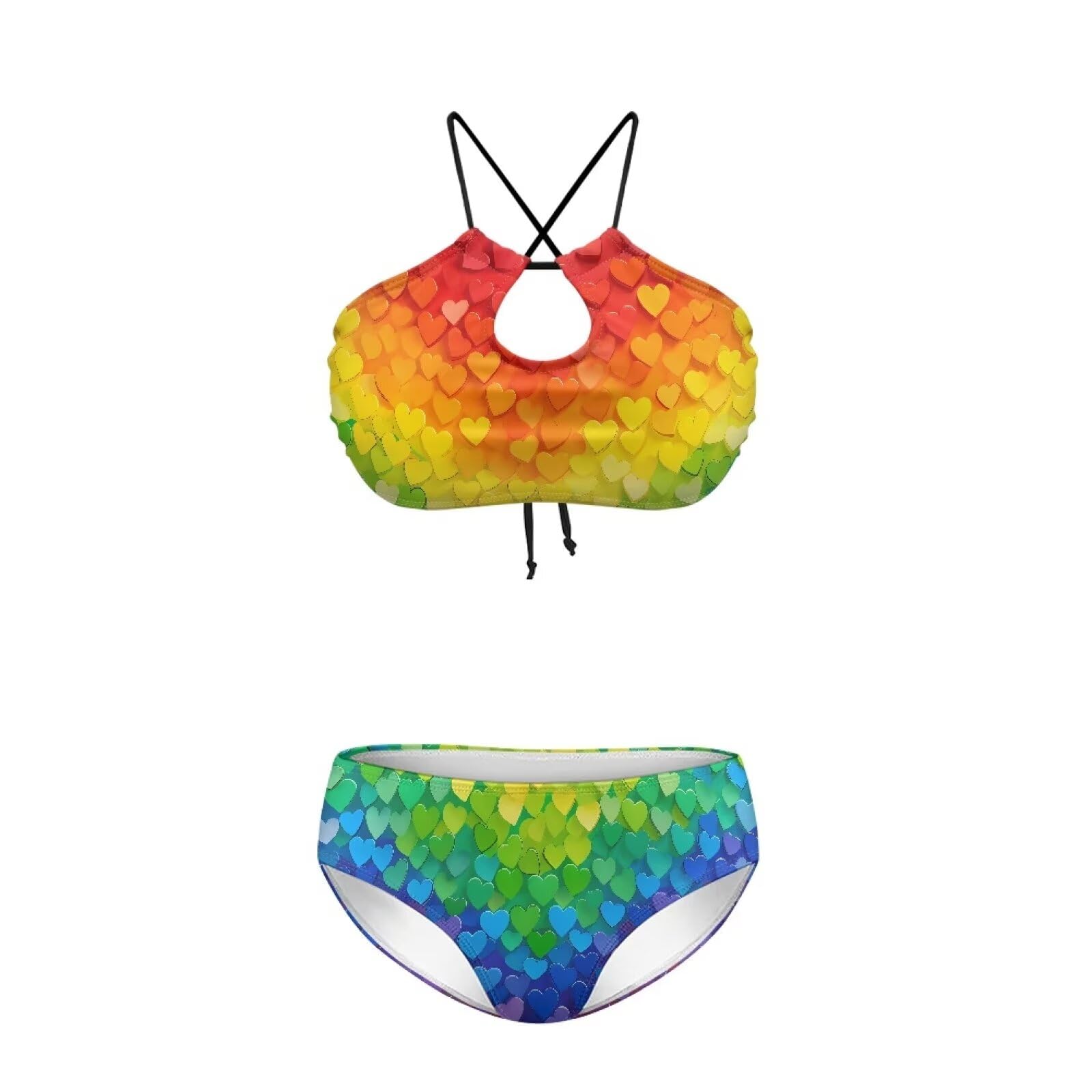 Poetesant Hearts Bikini Set Women Colorful Love Heart Push Up Triangle Swimsuit Padded Halter Top Thong Bikini Casual Sexy High Neck Bathing Suit-S