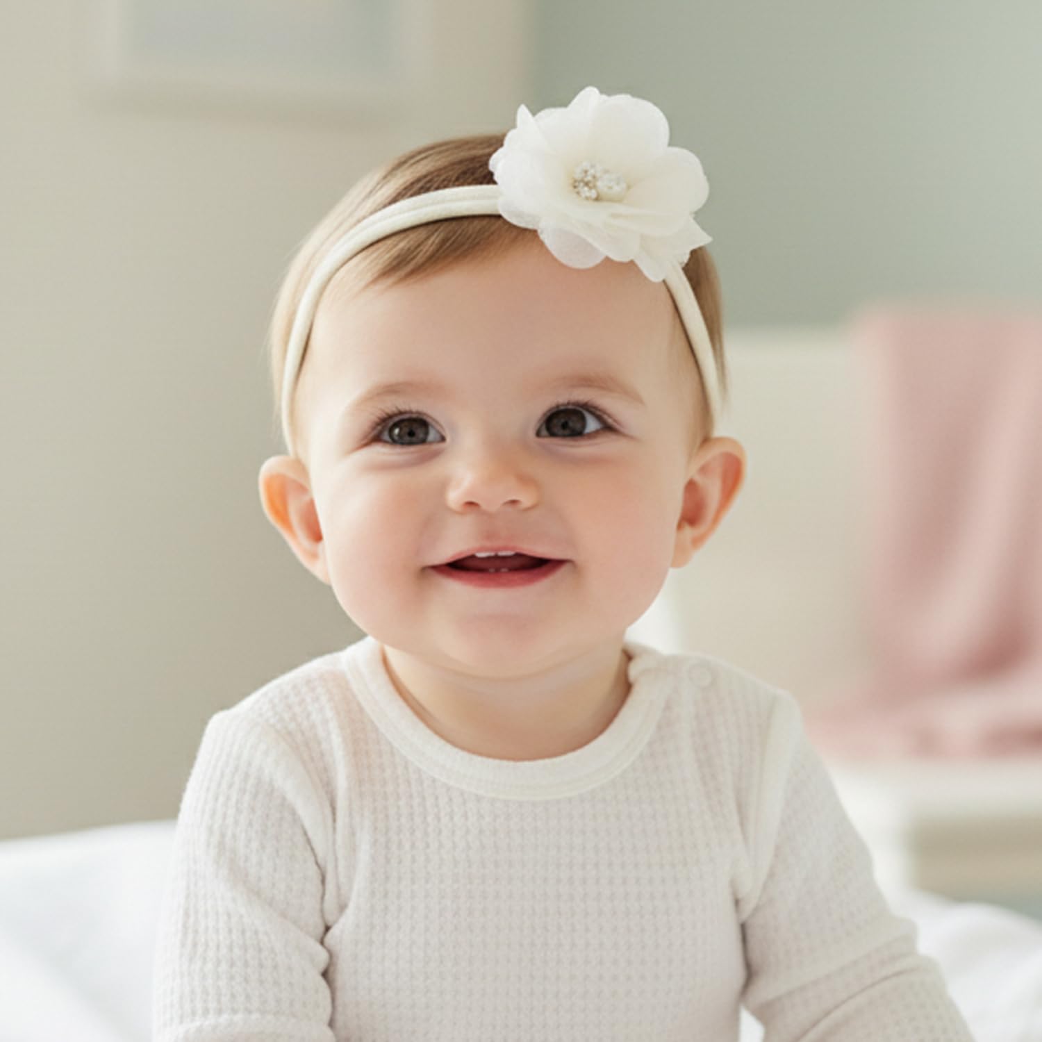 SYGA 3 Pack Baby Girl Headbands – Soft Stretchable Nylon Flower Comfortable Elastic Hairbands for Newborns, Infants & Toddlers 0-3 Years (Off-White) 3