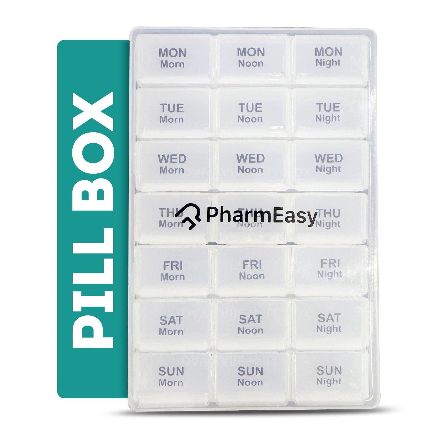 PharmEasy 7 Day Weekly Pill Box, Durable Medicine Organizer Box with Extra Large Compartments and BPA Free Material for Moisture Free Storage, Portable and Travel Friendly - Clear Box