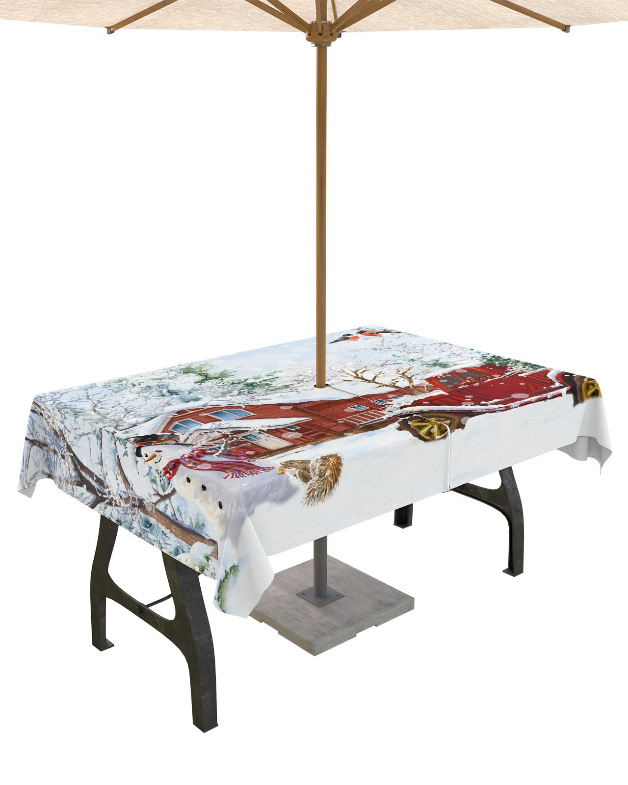 Christmas Outdoor Tablecloths with Umbrella Hole and Zipper, Red Snowy Truck Farmhouse Xmas Tree Waterproof/Stain Resistant Rectangle Table Cloth 60x84 Patio Table Cover for Picnic/Party