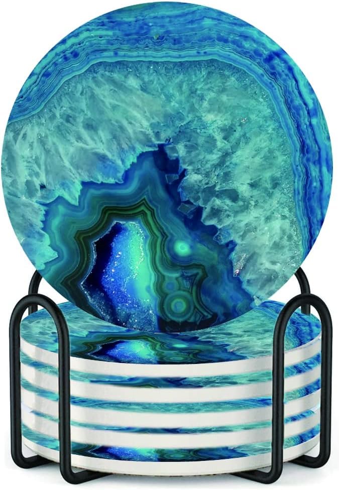 Image of Coaster for Drinks with Holder 6 Pack, Ocean Coasters for Table, Coasters with Cork Base,Housewarming Gift for Home Decor (Agate Blue)