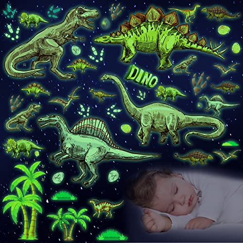 187 Pieces Dinosaur Wall Decals for Boys Room, Glow in the Dark Dinosaur Wall Decals Dinosaur Glow Wall Stickers, Large Dinosaur Wall Decor Decorations for Nursery, Living Room, Classroom (Green Glow)
