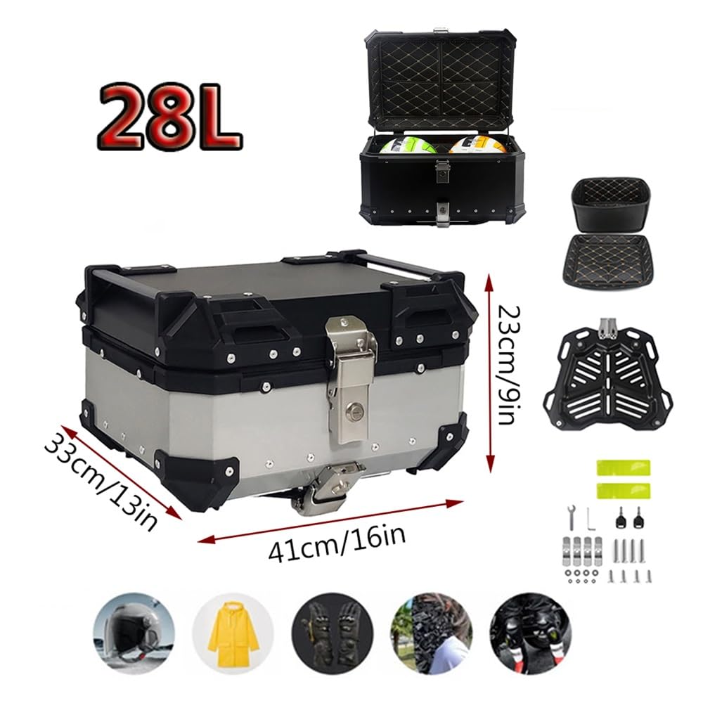 Alluminio Baule Da Moto - Top Case Universale Bauletto Per Moto 28L 36L 45L 55L 65L 80L 100L, Valigia Topcase Con Piastra E Kit Di Montaggio(Silver,28L)