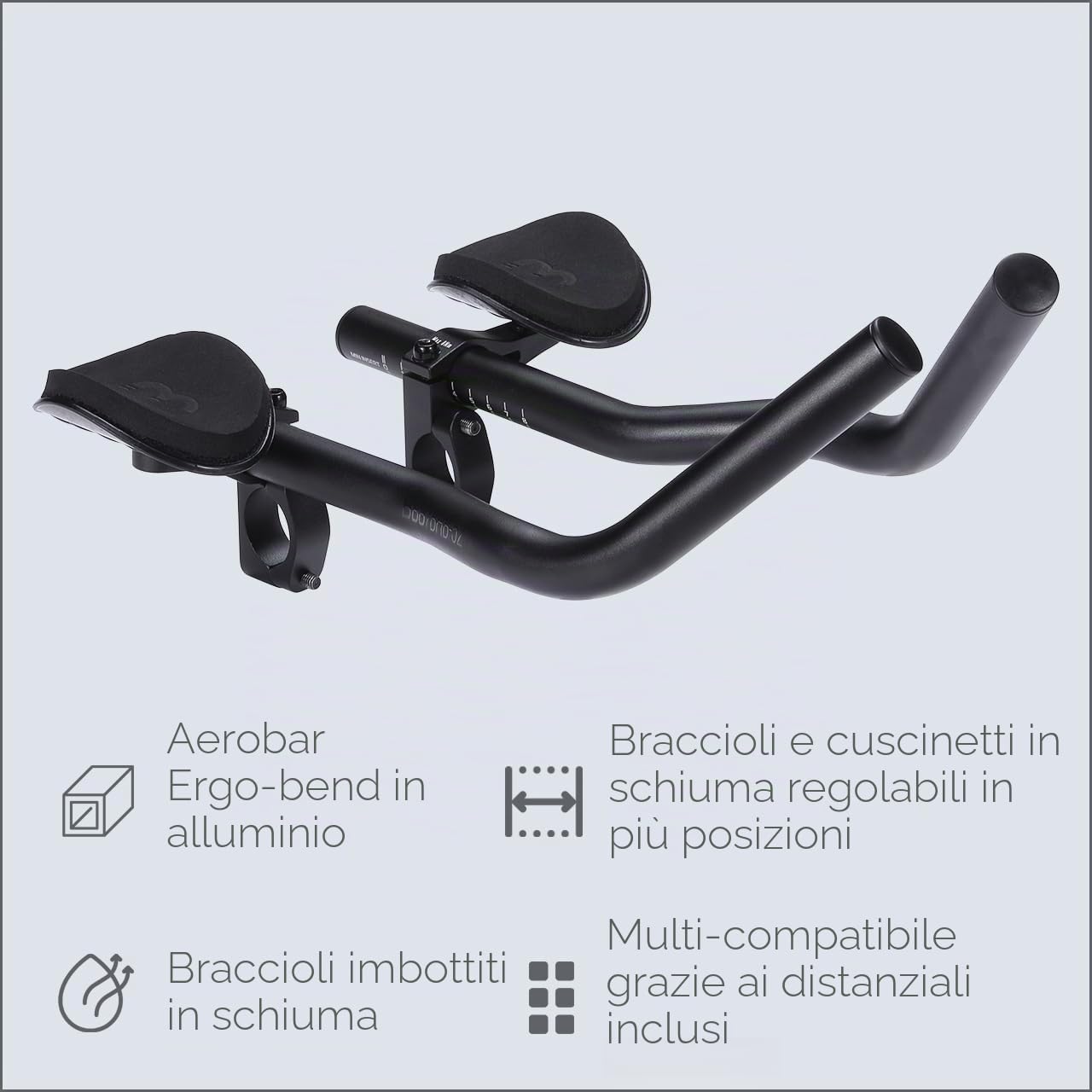 BBB Cycling AeroBase BHB-52 - Prolunghe Manubrio Triathlon in Alluminio con Curva Ergo per Bici da Corsa - Poggiagomiti EVA Regolabili - Compatibili con Manubri 25.4/31.8 mm