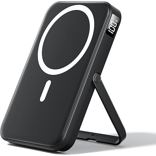 for Magsafe Battery Pack 10000mAh Power Bank with Foldable Stand Portable Charger,PD 22.5W Fast Charge,Travel Essential Wireless Charger for iPhone 16/15/14/13/12 Series–Black
