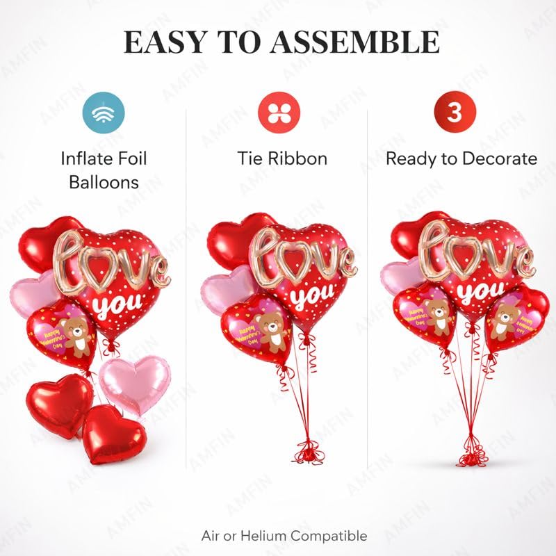 Image of AMFIN (Pack of 7) Happy Valentine's Day Foil Balloon Bouquet 3D Love you Heart Romantic Decoration Item - Red Pink