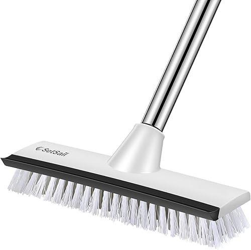 SetSail Cepillo de limpieza de suelo con mango ajustable de 51 pulgadas de largo, cepillo de raspado 2 en 1, cepillo de cerdas rígidas para limpiar