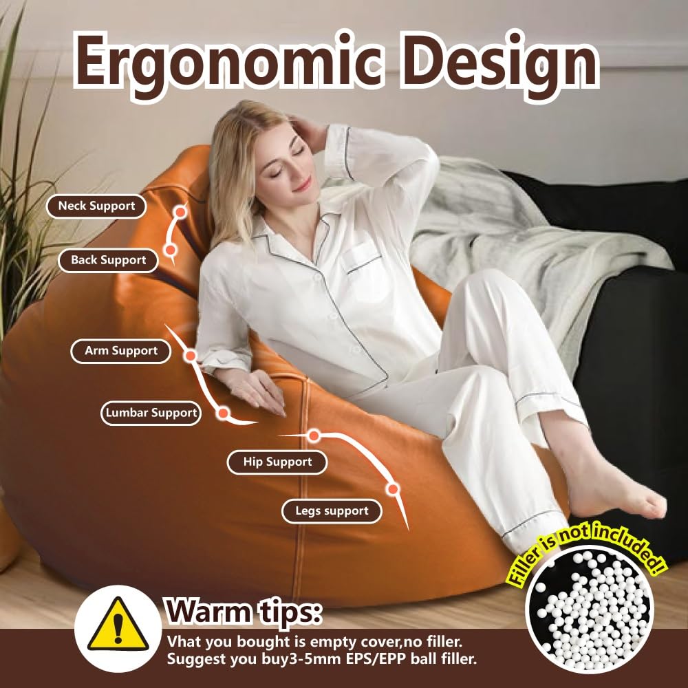 Bean Bag Chair Bean Bag Cover Without Filler Luxury Single Lazy Sofa Cover Faux Leather Bean Bag Sac Pouf Chair Envelope Beanbag Corner Seat Sectional Couch(Brown)