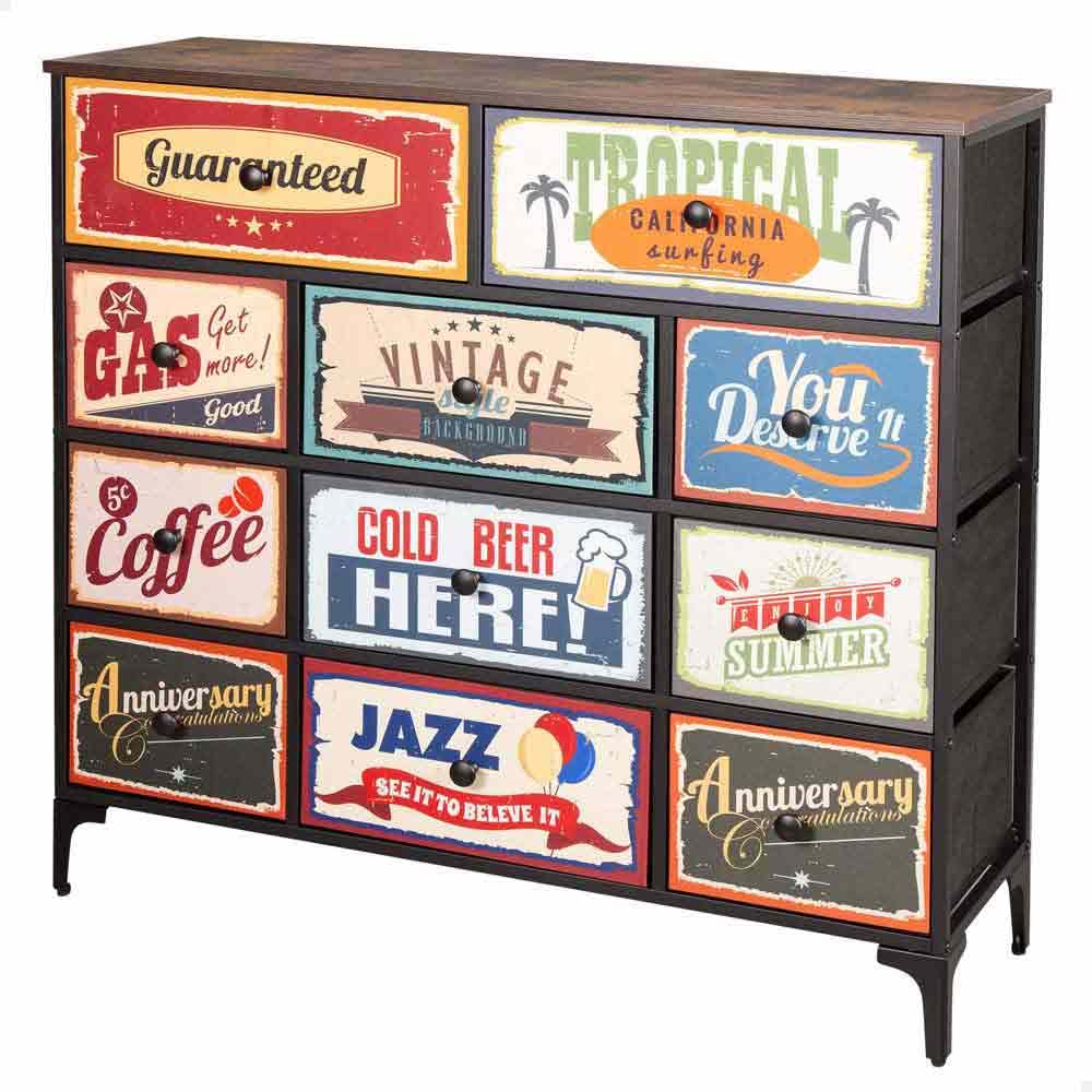 AKTIVE Max Home Mehrzweck-Schlafzimmerkommode, Retro- und Vintage-Grafiken, 11 leichte Stoffschubladen, 103 x 30 x 98 cm, Stahlrahmen, Holzplatte, Nachttische, Wohnzimmermöbel (18404)