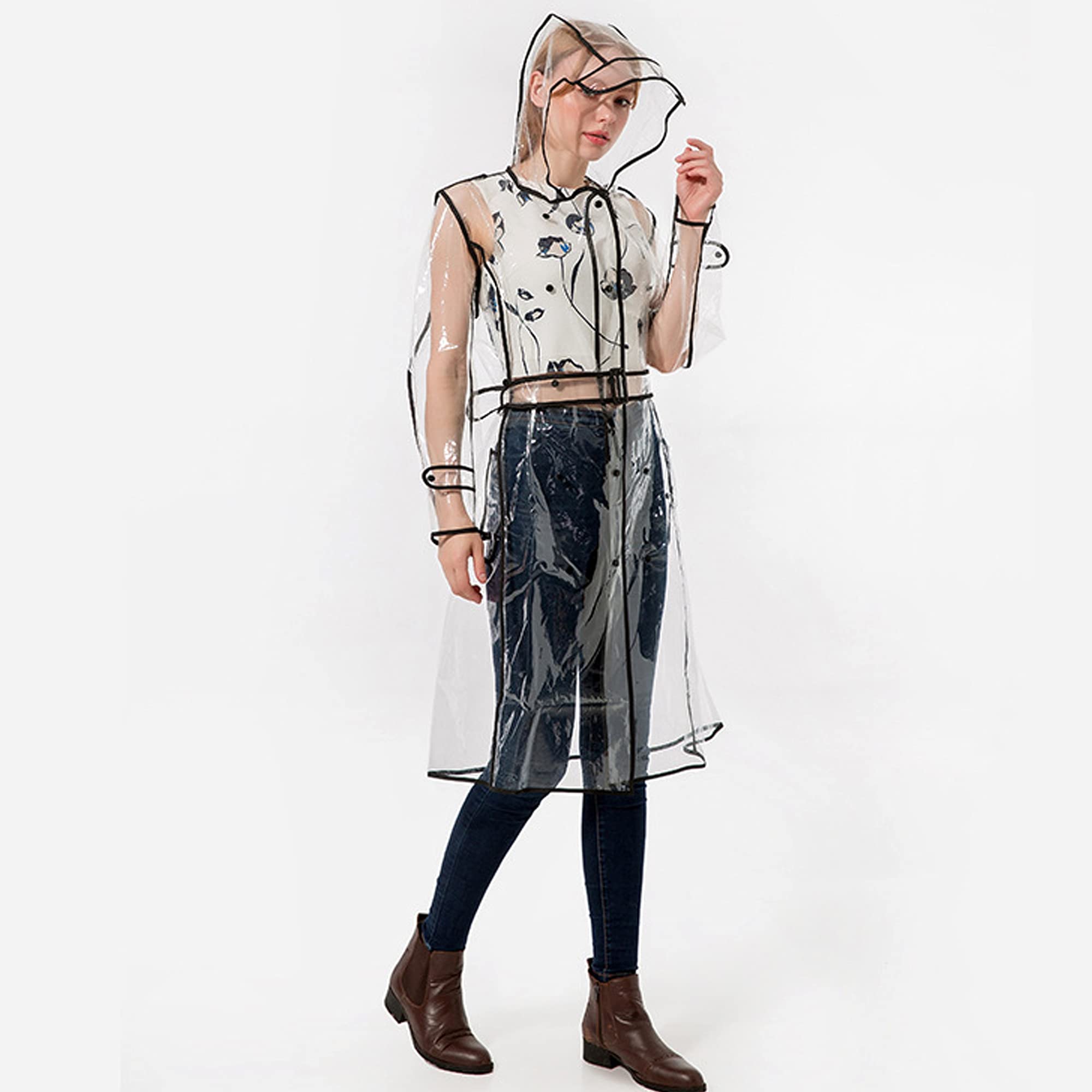 Poncho de Pluie EVA Réutilisable Transparent pour Femmes avec Capuche, Trench-Coat Imperméable à Manches Longues Vêtements de Pluie