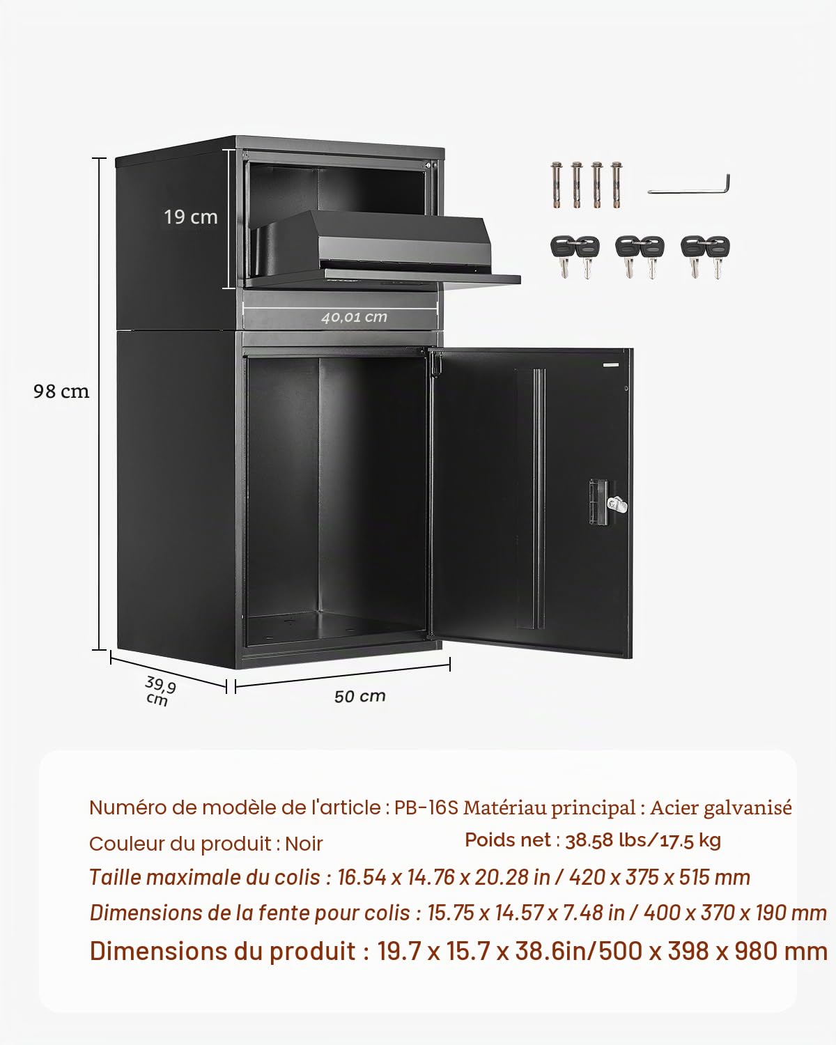 VEVOR Boîte à Colis 500x398x980 mm Boîte aux Lettres en Acier Galvanisé, Verrouillable à Clés, avec Conception Antivol, Résistante aux Intempéries, Dépôt Colis pour Extérieur, Maison, Bureau, Noir