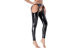 Womens Crotchless PVC Leather Wet Look Thigh-High Suspender Pants