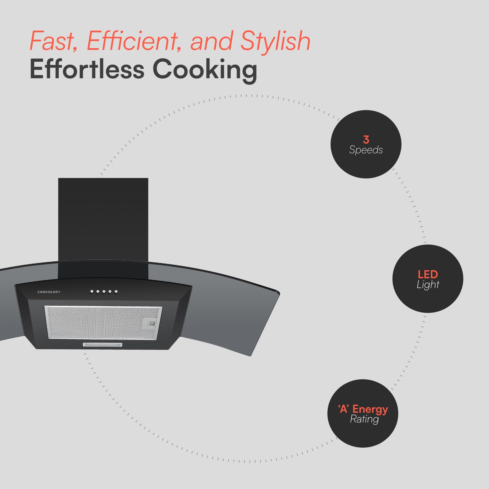 Cookology CGL900BK/A Cooker Hood Chimney Kitchen Extractor Fan 90cm, Recirculating & Ducting Wall Mounted, Curved Glass, Energy Rating A, 3 Speed Settings, LED, Adjustable Height - Black — view 3