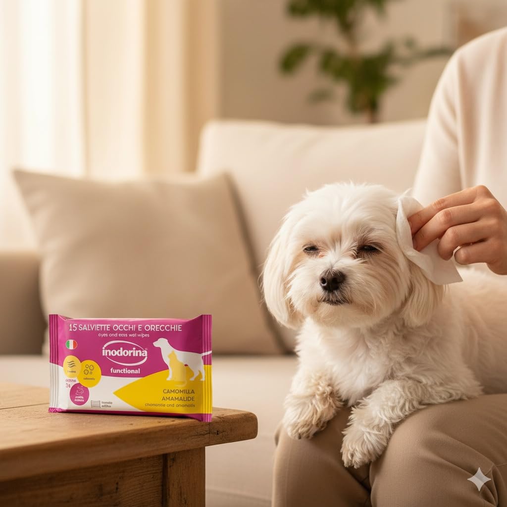 Inodorina Salviette Refresh per Occhi e Orecchie di Cani e Gatti (24 Confezioni da 15 Pezzi, Camomilla) – Salviettine per Animali ad Azione emolliente e antiodore – Rispettano Il PH Naturale